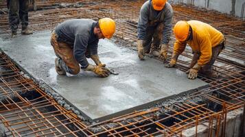 Construction Workers Finishing Concrete Pour Over Rebar Grid photo