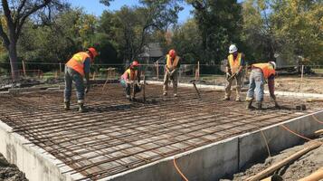 Construction Workers Laying Rebar on Concrete Foundation photo