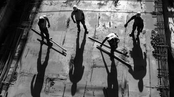 Construction Workers in Hard Hats on a Concrete Floor with Long Shadows photo