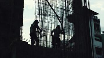Silhouetted Construction Workers on a Scaffolding Structure photo