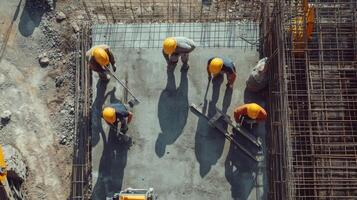 Construction Workers Leveling Wet Concrete with Tools photo