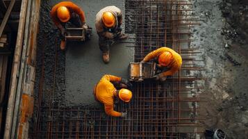 Construction Workers Pouring Concrete on a Reinforcing Mesh photo
