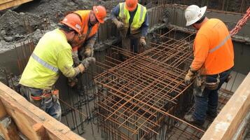 Construction Workers Pouring Concrete Around Rebar photo