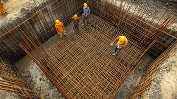 Construction Workers Installing Rebar in a Foundation photo