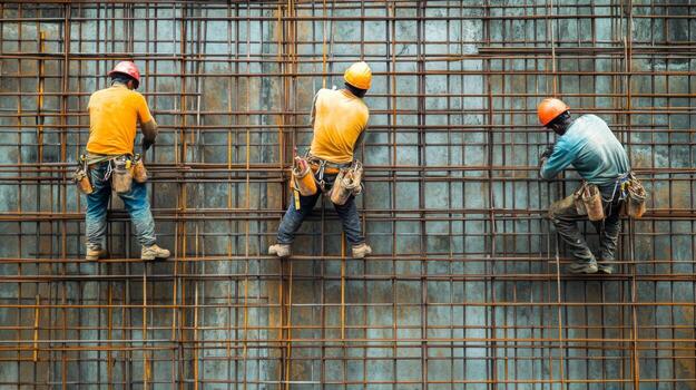 Three Construction Workers on a Rebar Grid photo