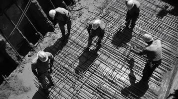 Construction Workers Pouring Concrete on a Rebar Grid photo