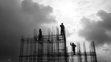 Construction Workers Silhouetted Against Cloudy Sky on Scaffolding photo