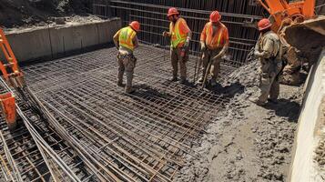 Construction Workers Pouring Concrete onto a Rebar Grid photo