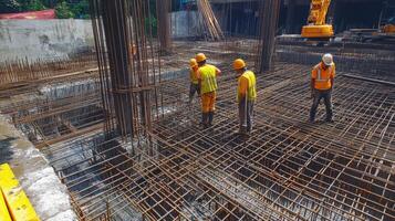 Construction Workers Standing on a Reinforced Concrete Slab photo