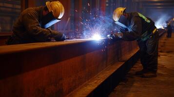 Two Welders Working on a Large Steel Beam photo