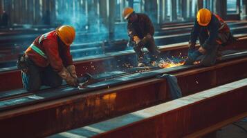 Construction Workers Welding Steel Beams with Sparks Flying photo