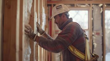 Construction Worker Installing Insulation in a New Home photo