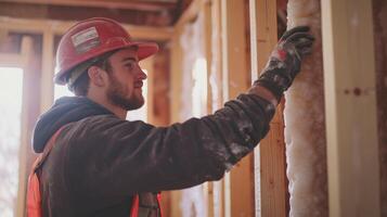Construction Worker Examining Foam Insulation in a Wall Frame photo