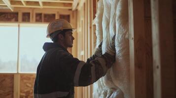 Construction Worker Installing Spray Foam Insulation in a New Home photo