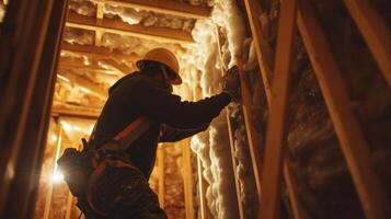 Construction Worker Installing Insulation in Wall Frame photo