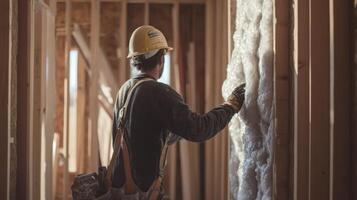 Construction Worker Inspecting Insulation in a New Home photo