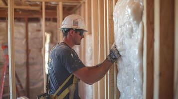 Construction Worker Applying Insulation to a Wall photo