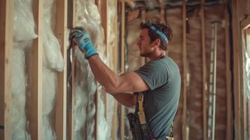 Construction Worker Installing Insulation in a Wall Frame photo