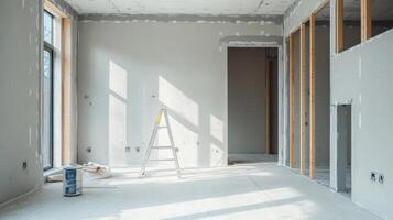 Unfinished Room with Ladder, Paint Can, and Sunlight photo
