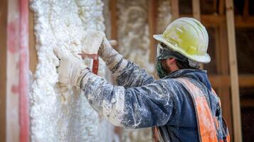 Construction Worker Applying Insulation Foam to Wall photo