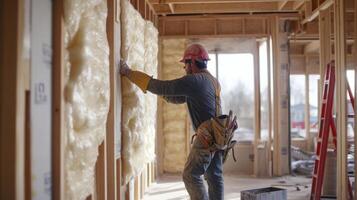 Construction Worker Installing Insulation in a New Home photo