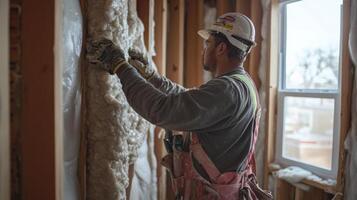 Construction Worker Installing Insulation in a New Home photo