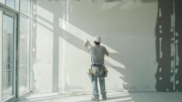 Construction Worker Applying Joint Compound to a Wall photo