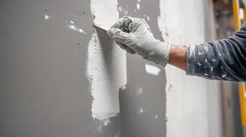 A Hand with a Trowel Applying Joint Compound to a Wall photo
