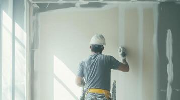 Construction Worker Applying Drywall Compound to a Wall photo