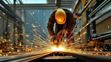 A Worker Grinding Metal with Sparks Flying photo