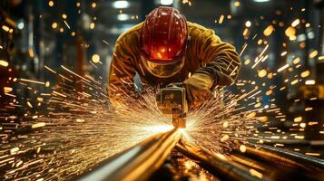 Industrial Worker Grinding Metal with Sparks Flying photo