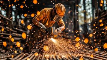 Construction Worker Using a Grinder on Rebar with Sparks Flying photo