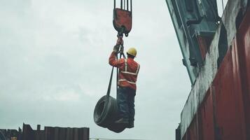Construction Worker Holding a Roll of Cable Suspended by a Crane photo