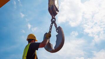 Construction Worker Holding Crane Hook Against Cloudy Sky photo