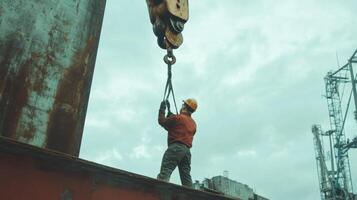 Worker Operating Crane Hook on Shipyard Platform photo