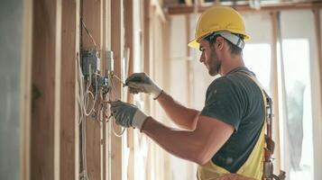 Electrician Wearing a Yellow Hard Hat Installing Electrical Wiring in a New Construction Home photo