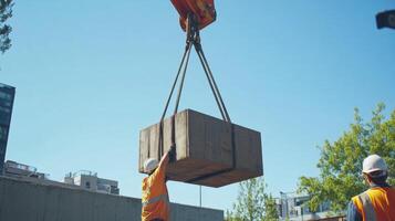 Construction Worker Directing Crane Lifting Heavy Metal Beam photo