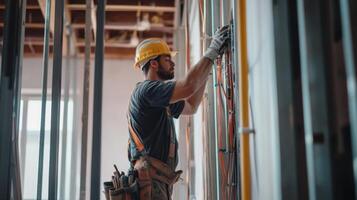 Construction Worker Installing Electrical Wiring in a Wall photo