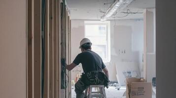 Construction Worker Sitting on a Ladder in an Unfinished Room photo