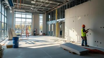 Construction Worker Installing Drywall in a Large Room photo