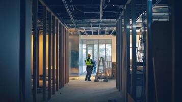 Construction Worker in an Unfinished Building Corridor photo
