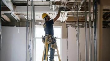 Electrician Working on Ceiling Wiring in Unfinished Room photo