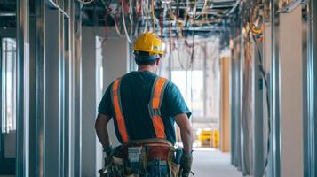 Construction Worker in Hard Hat and Safety Vest Walks Through Building Under Construction photo