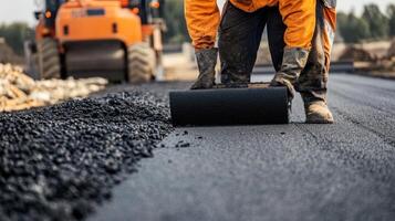 Construction Worker Rolling Out Asphalt on a New Road photo