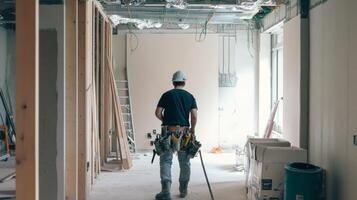 Construction Worker in Unfinished Room with Tool Belt photo