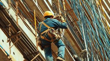Construction Worker Ascending Scaffolding with Safety Harness photo