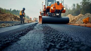 A Close-up of Freshly Laid Asphalt Being Compacted by a Roller photo