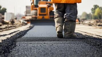 Construction Worker Walking on Fresh Asphalt photo