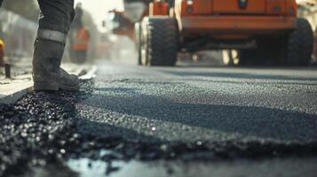 Close-up of a Worker's Boot on Freshly Laid Asphalt photo