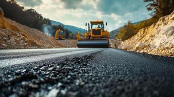 Close-up of freshly laid asphalt road with a roller in the background photo
